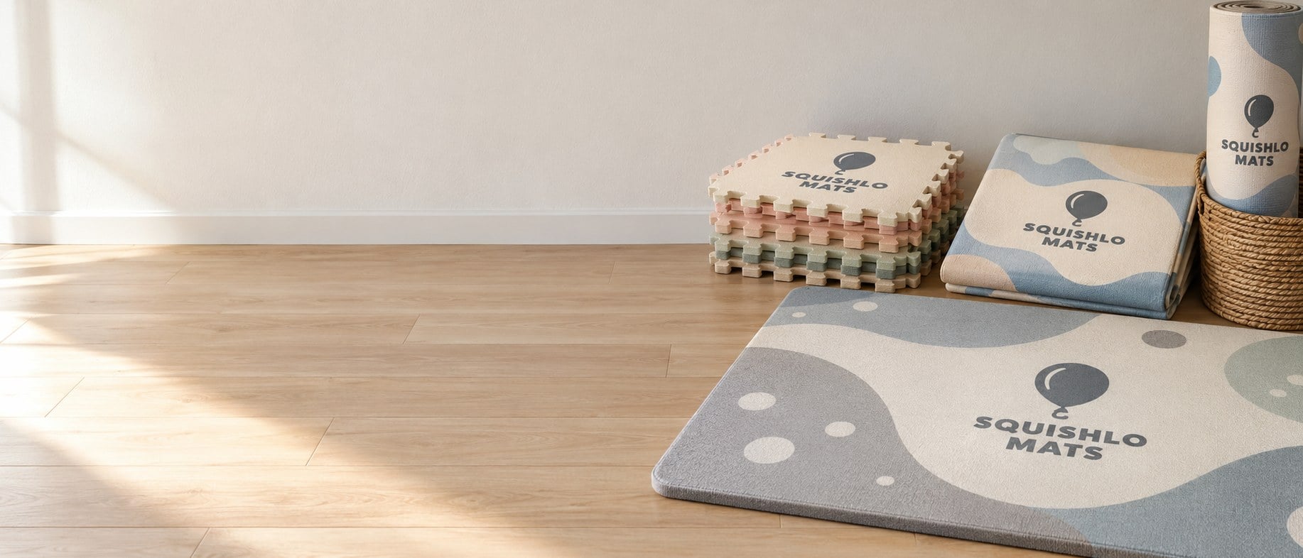 Custom foam play mat, puzzle-tile mats, a folded activity mat and a rolled desk playmat on a pale wooden floor